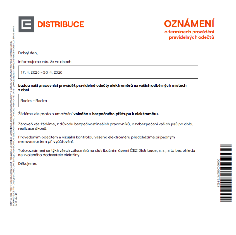 Oznámení o provedení odpočtu spotřeby elektřiny